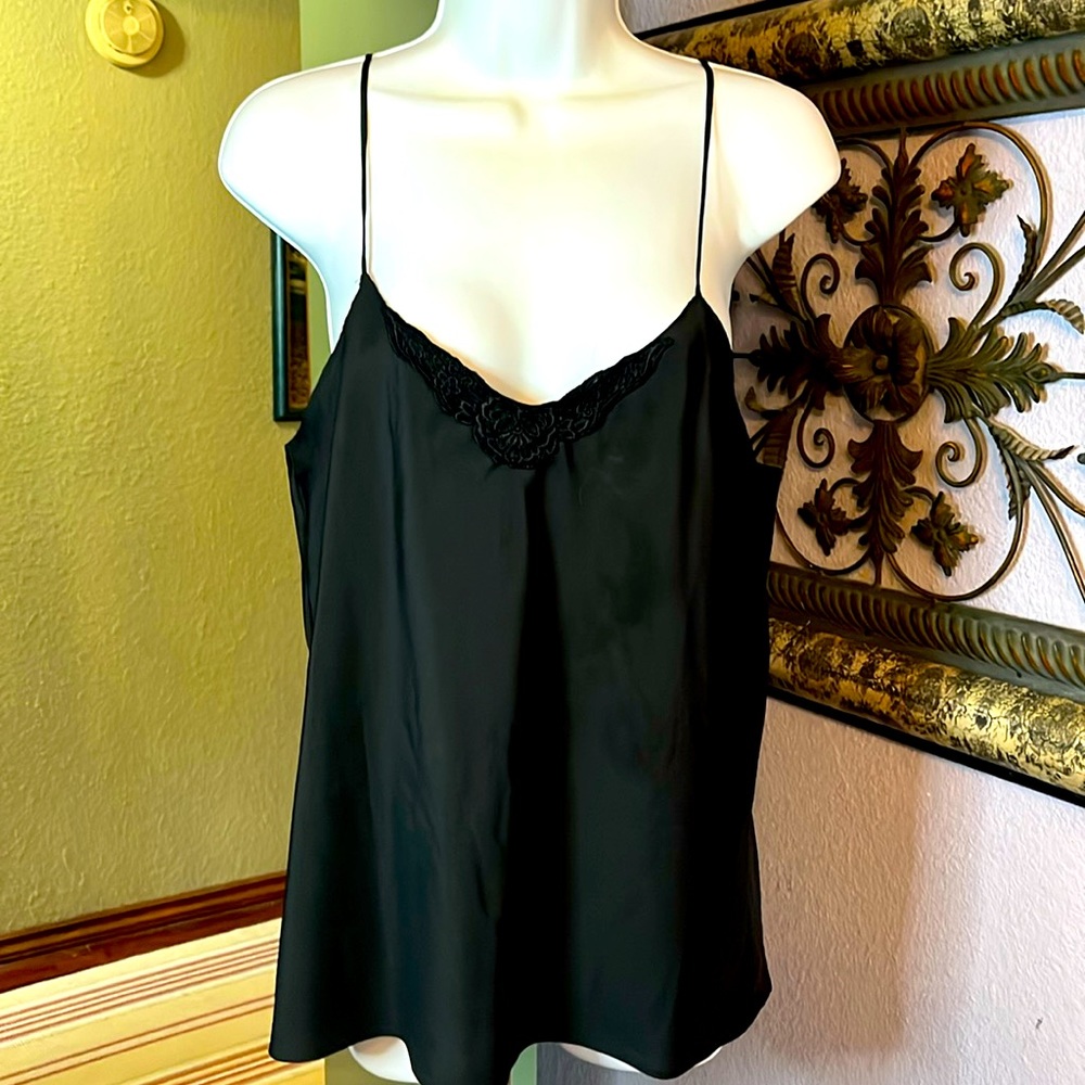 Lovely Black Satiny with lace trim  Wondermaid cami  top Sz 36
